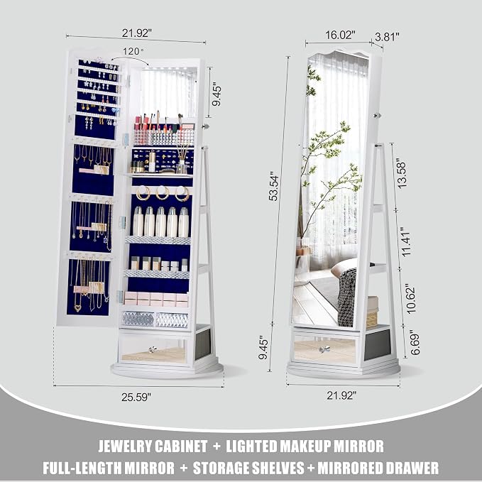 Full-Length Mirror Jewelry Cabinet Standing, 360° Swivel Jewelry Armoire - Image 7