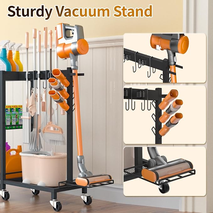 Broom Holder with Cleaning Supplies Organizer Load 350 LBS Cleaning Cart with - Image 5