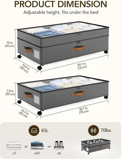 Under Bed Storage with Wheels, 10 inches Under Bed Storage Containers, 65L XXL - Image 2