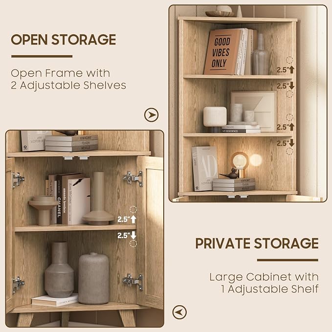 Corner Cabinet with Rattan Doors, Tall Farmhouse Corner Display Shelf with - Image 5