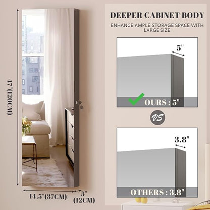 Vlsrka 47.2" LED Grey Jewelry Mirror Cabinet, Wall/Door Mounted Jewelry Armoire - Image 3