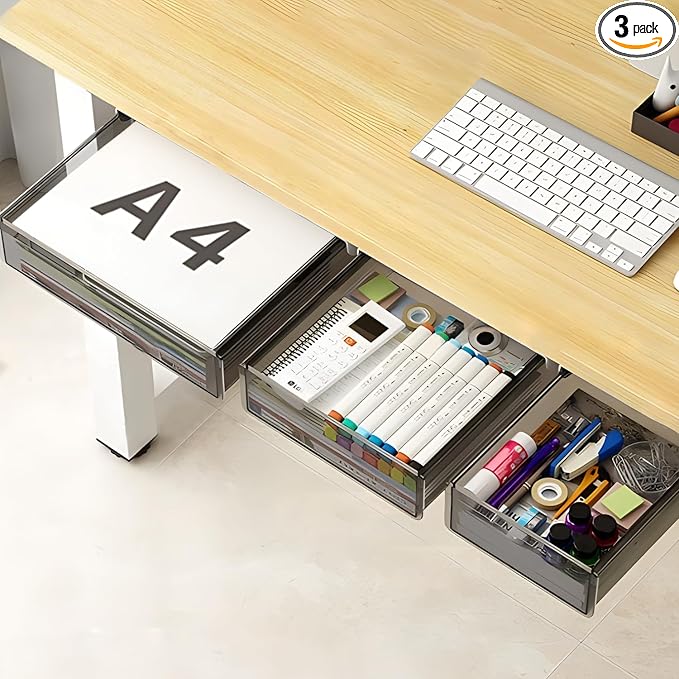 Under Desk Table Drawer Storage Organizer, 3 Pack Large & Medium & Small Slide by SVNNELP