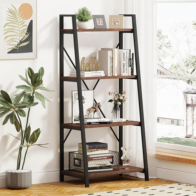 BON AUGURE Industrial Ladder Shelf Bookcase, 4 Tier Rustic Ladder Bookshelf by BONAUGURE