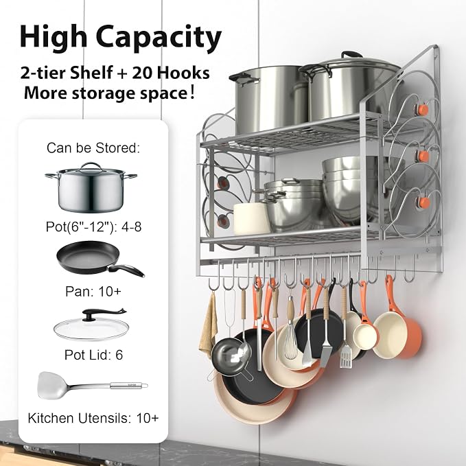 28 Inch Pot Rack Wall Mounted, 2 Tier Pots and Pans Organizer - Image 3