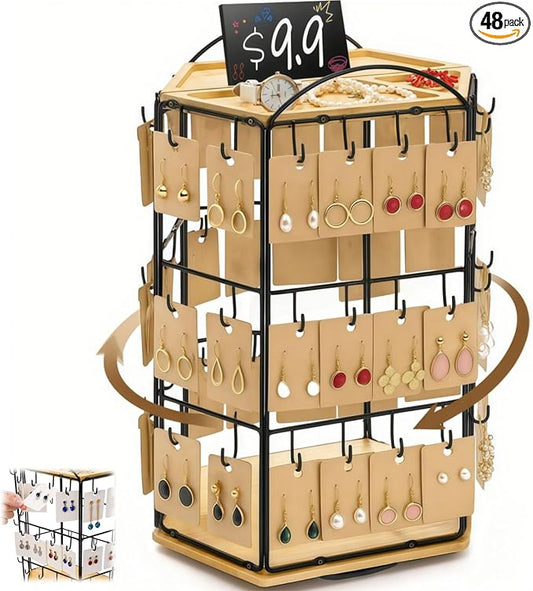 Rotating Earring Display Stand for Vendors, 48 Hooks Hexagon Bamboo Jewelry by YIMITEE