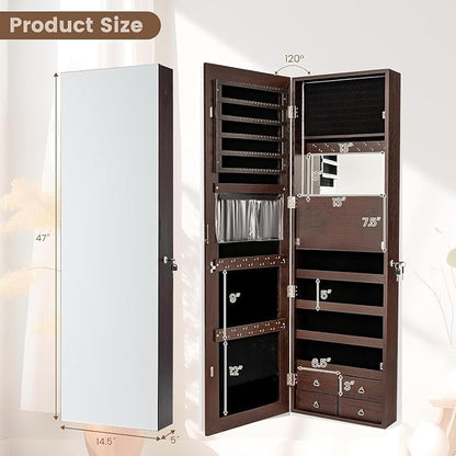 LDAILY 47” LED Jewelry Armoire, Door/Wall Mounted Mirror w/Storage, 4 Shelves - Image 2