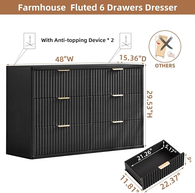 LEYAOYAO Fluted 6 Drawers Dresser Set of 2, Curved Profile Design, Dresser TV - Image 3