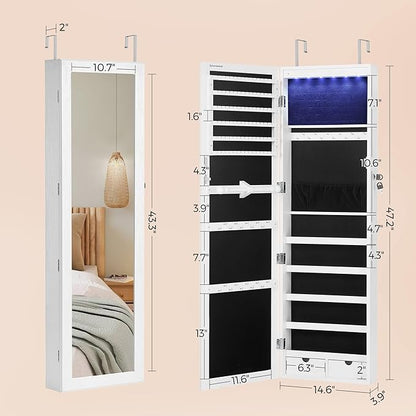 SONGMICS 6 LEDs Mirror Jewelry Cabinet, 47.2-Inch Tall Lockable Wall or Door - Image 6