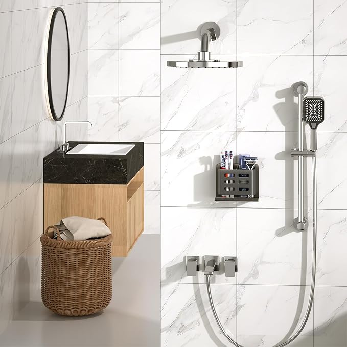 Grey Wall-Mounted Toothbrush Holder, Aluminum Material Shower Shaver Storage - Image 7