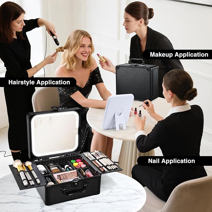 Makeup Case with Magnetic Lighted Mirror Makeup Organizer Box Travel Cosmetic - Image 3