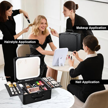 Makeup Case with Magnetic Lighted Mirror Makeup Organizer Box Travel Cosmetic - Image 3