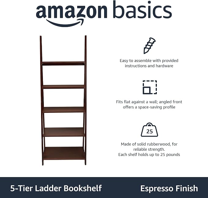 Amazon Basics Ladder Bookshelf Organizer, Solid Rubberwood Frame, Espresso - Image 4