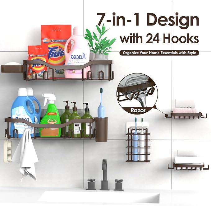 Shower Caddy Adhesive Shower Organizer 7-Pack, Rustproof Stainless Steel - Image 4