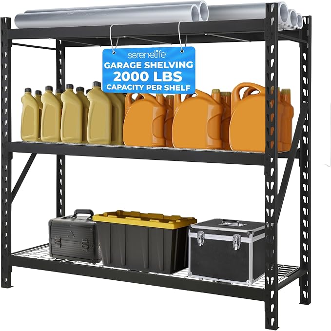 SereneLife Heavy Duty 3-Tier Metal Garage Shelving | 24" x 77" x 72" Extra Wide by SereneLife