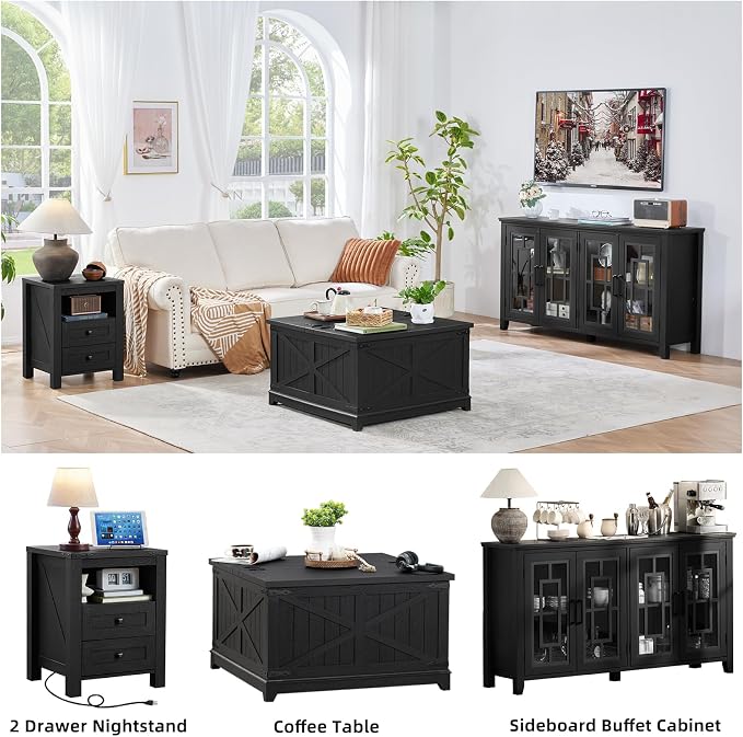 Night Stands with Charging Station Set of 2, Farmhouse Nightstand, Wooden - Image 7