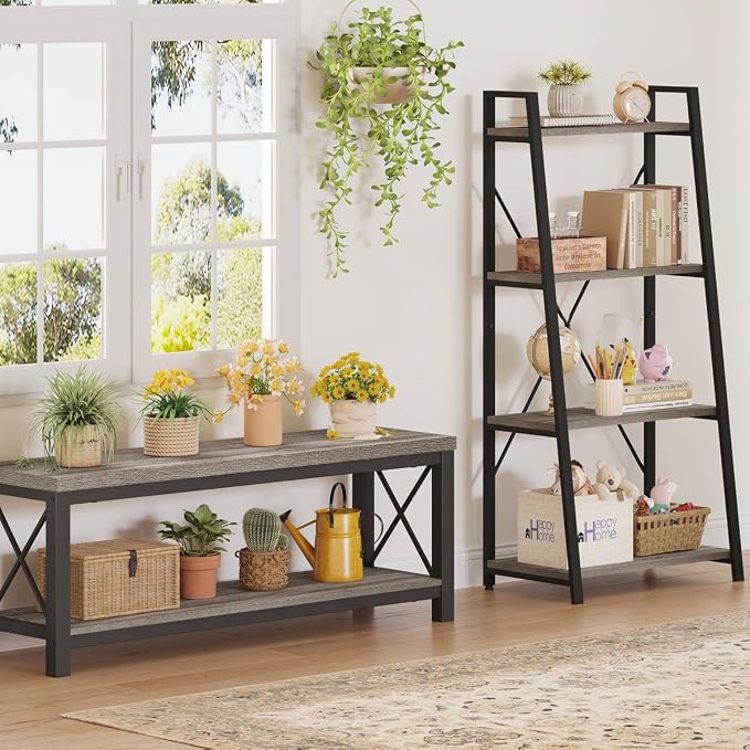 BON AUGURE Ladder Bookshelf, 4 Tier Ladder Shelf Bookcase, Wood Leaning Book - Image 6