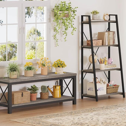 BON AUGURE Ladder Bookshelf, 4 Tier Ladder Shelf Bookcase, Wood Leaning Book - Image 6