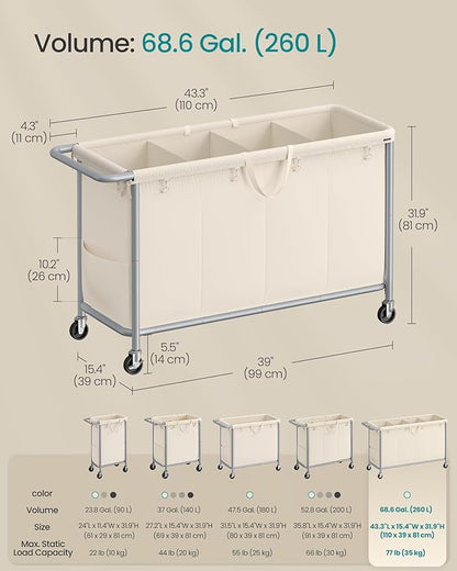 SONGMICS Laundry Basket with Wheels, 4-Section Rolling Laundry Hamper, 68.6 - Image 7