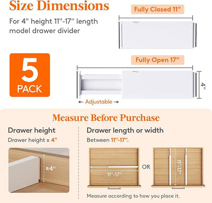 Lifewit 5 Pack Drawer Dividers 4" High, 11-17" Adjustable Dresser Drawer - Image 2