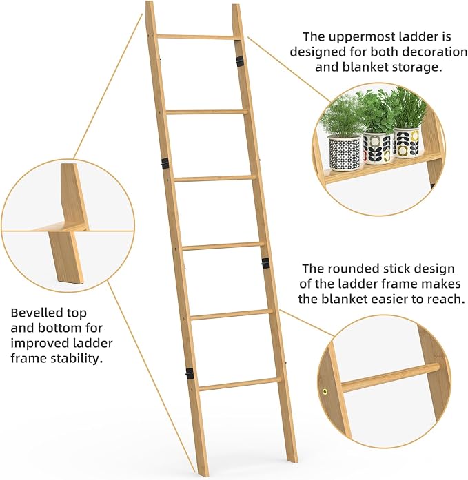 BAMBANG 6-Tier Blanket Ladder for Living Room, Blanket Quilt Ladder Rack Rustic - Image 5