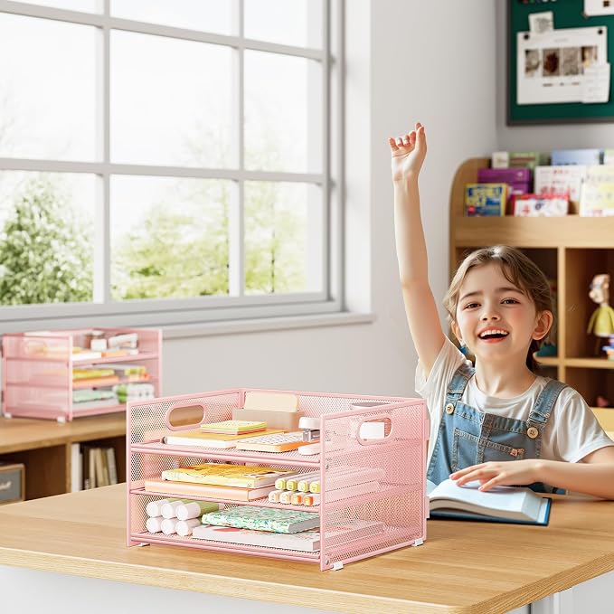 Subekyu 2-Pack 3-Tier Pink Metal Mesh Desk Paper Letter Tray & File Sorter - Image 4