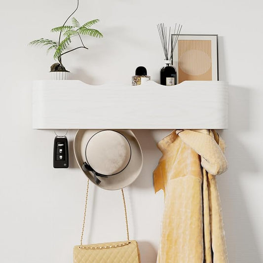 Coat Rack Wall Mount with Shelf 4 Hidden Hooks Modern Wooden Key Holder by Jadoxy