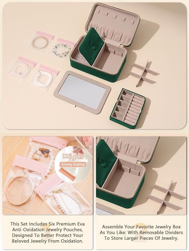 Velvet Travel Jewelry Box with Large Mirror, Double-Layer Jewelry Organizer Case - Image 4