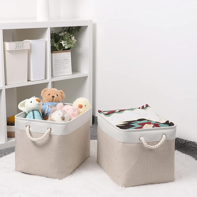 Bidtakay Beige Storage Basket Large Fabric Cloth Baskets Tall Rectangular Shelf - Image 8