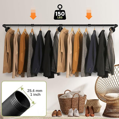 Industrial Pipe Clothing Rack, 66.1" Wall Mounted Clothes Rack Set of 2 - Image 4