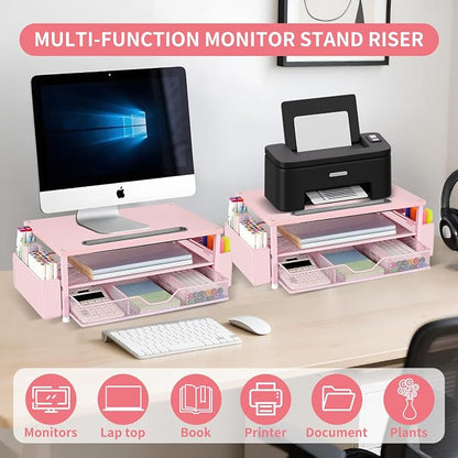 AUPSEN Pink Desk Organizers and Accessories, 2-Tier Wood Computer Monitor Stand - Image 4