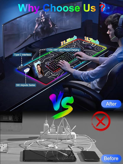 XXL Mouse Pad with Phone Holder, RGB Desk Mat with 15W Fast Charging, LED Large - Image 2