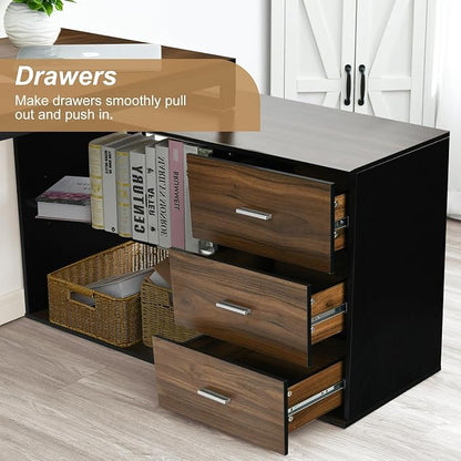 55 Inch L Shaped with Storage Shelves, Corner Computer Desk with Drawers - Image 6