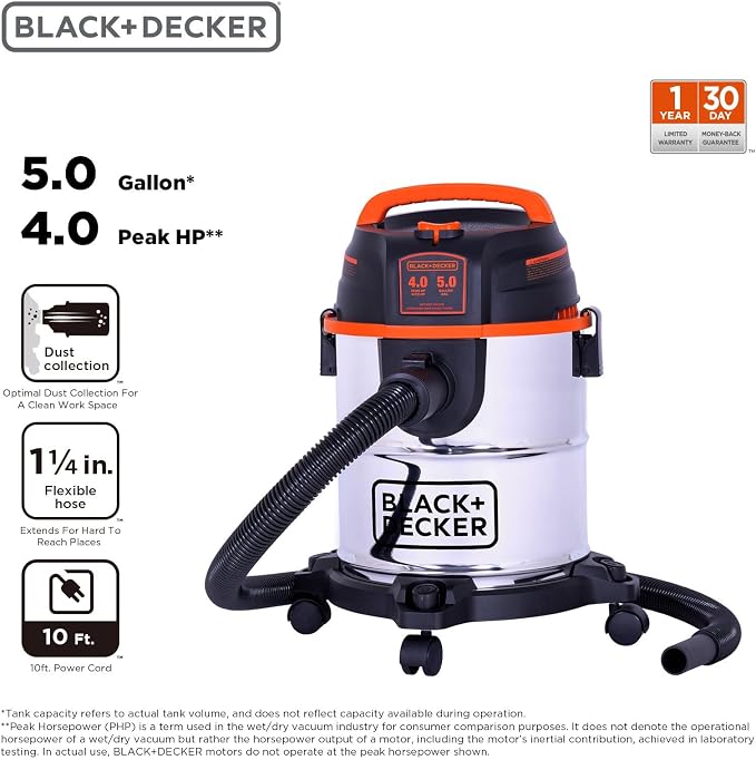 BLACK+DECKER Shop Vacuum Wet and Dry, 5 Gallon 3-in-1 Stainless Steel Shop Vac - Image 2