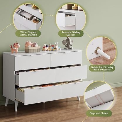 WLIVE 6 Drawer Dresser for Bedroom, 47.24'' Wide Wooden White Dresser, Storage - Image 6