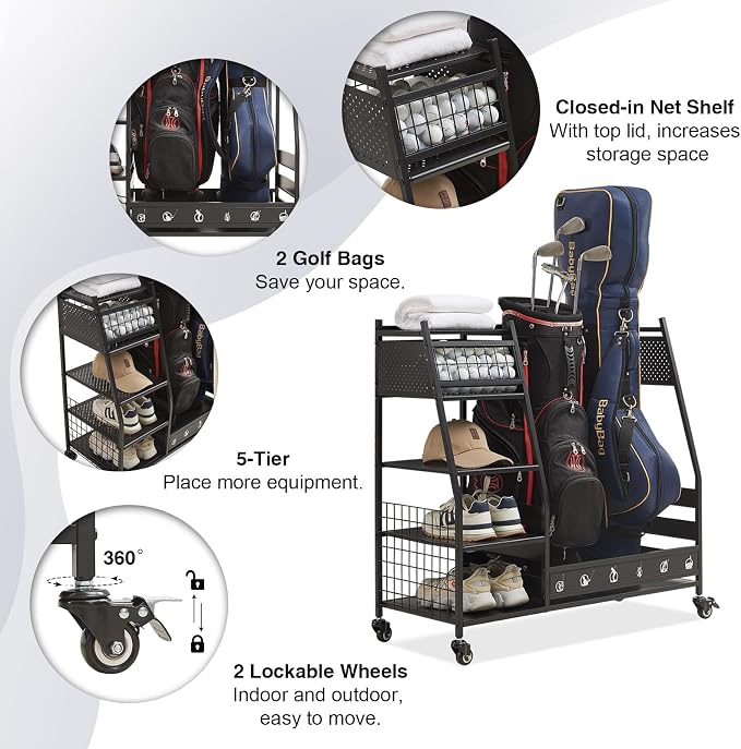 Lauren&Harold Golf Bag Organizer Garage Storage, Golf Storage Rack Stand Fits 2 - Image 4
