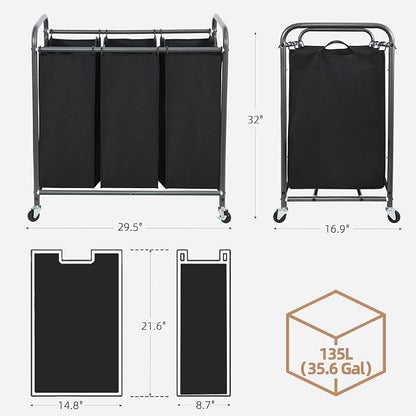 STORAGE MANIAC 3 Section Laundry Sorter, 35.9 Gal Laundry Hamper Cart - Image 3