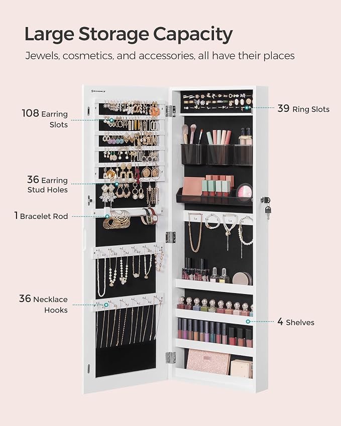 SONGMICS Jewelry Cabinet Armoire, Lockable Wall-Mounted Organizer Unit - Image 3