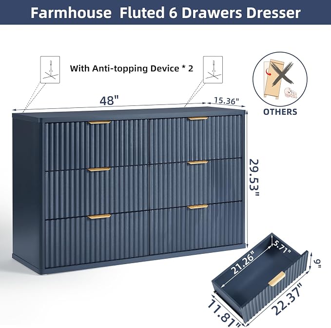 LEYAOYAO Fluted 6 Drawers Dresser, Curved Profile Design, Dresser TV Stand - Image 2