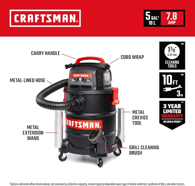 CRAFTSMAN CMXEVBE17050 5 Gallon 7.8 Amp Ash and Grilling Vacuum, Portable Dry - Image 2