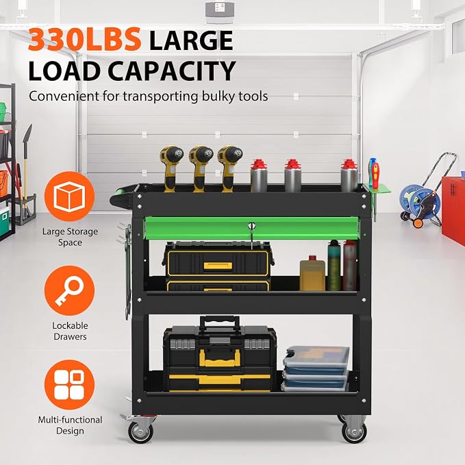 3 Tier Rolling Tool Cart On Wheels, Heavy Duty Utility Cart - Image 2