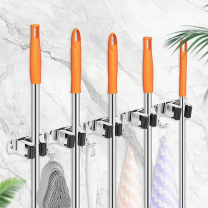 3 Pack Broom Holder Wall Mount 5 Racks 4 Hooks Stainless Steel Broom Mop Holder - Image 9
