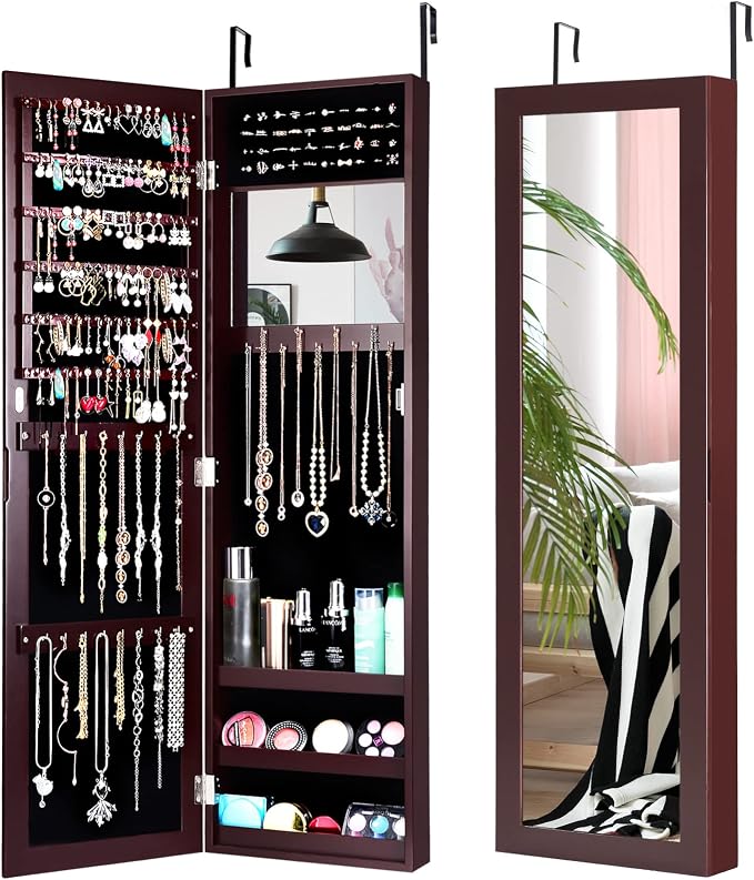 COSTWAY Full Length Mirror Jewelry Cabinet, Wall Door Mounted Jewelry Organizer by COSTWAY
