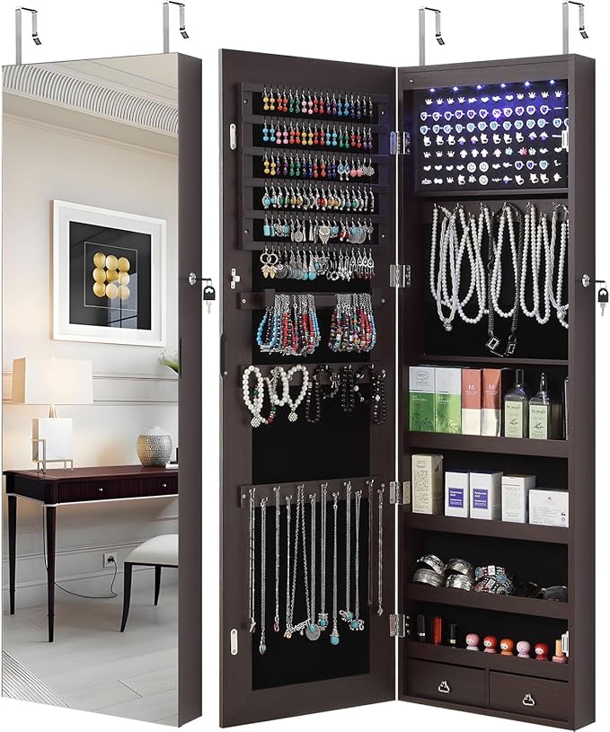 GISSAR Full Length Mirror Jewelry Cabinet, 6 LEDs Jewelry Armoire Wall Mounted by GISSAR
