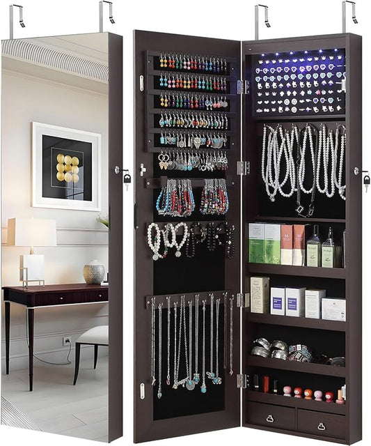GISSAR Full Length Mirror Jewelry Cabinet, 6 LEDs Jewelry Armoire Wall Mounted by GISSAR