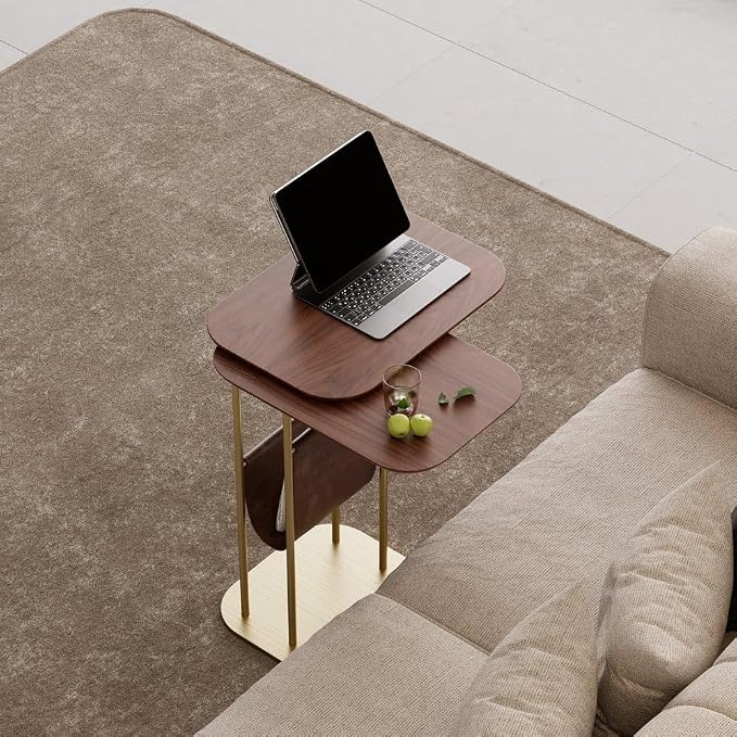 LOVEDIMA C-Shaped Walnut & Gold Rotating Side Table - Image 3