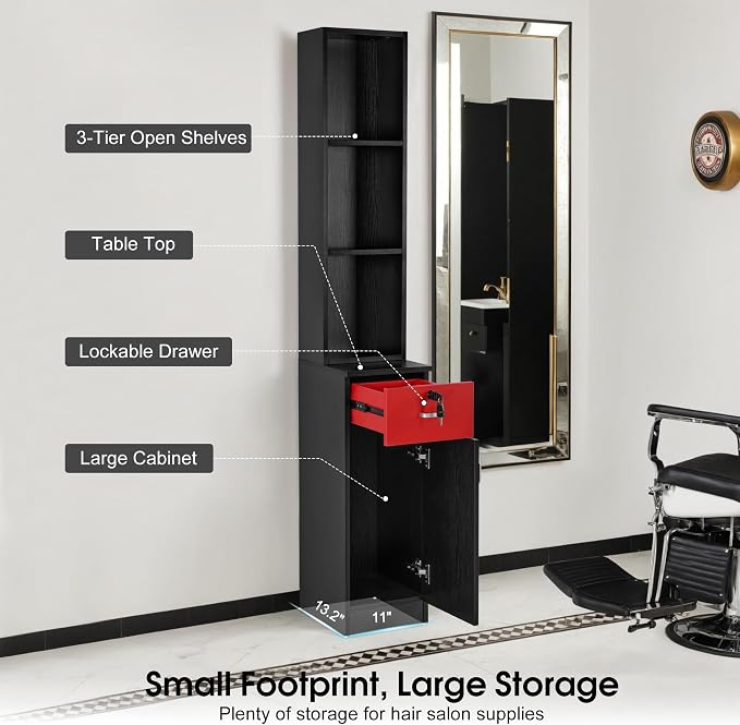 BarberPub Locking Wall Mount Hair Styling Barber Station Drawer Storage Beauty - Image 3