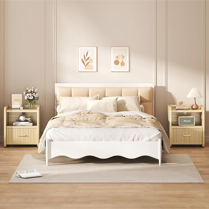 Night Stand with Charger Station, Fluted Nightstands Set of 2 with Drawer - Image 3