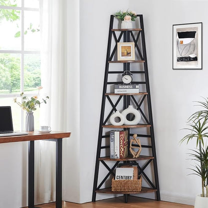 HOMBAZAAR 6 Tier Corner Shelf, 72 Inch Industrial Corner Bookshelf, Tall Ladder - Image 3