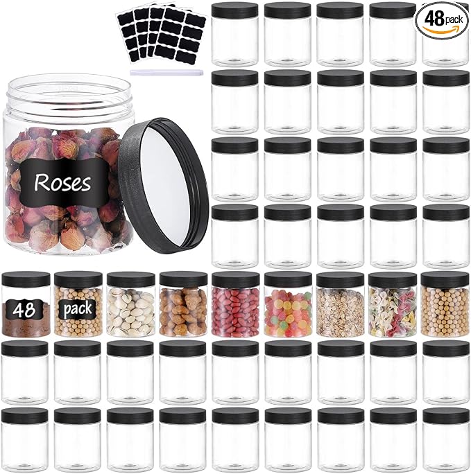 48PCS 8OZ Plastic Jars with Screw On Lids, Labels Refillable Empty Round Slime by OUSHINAN