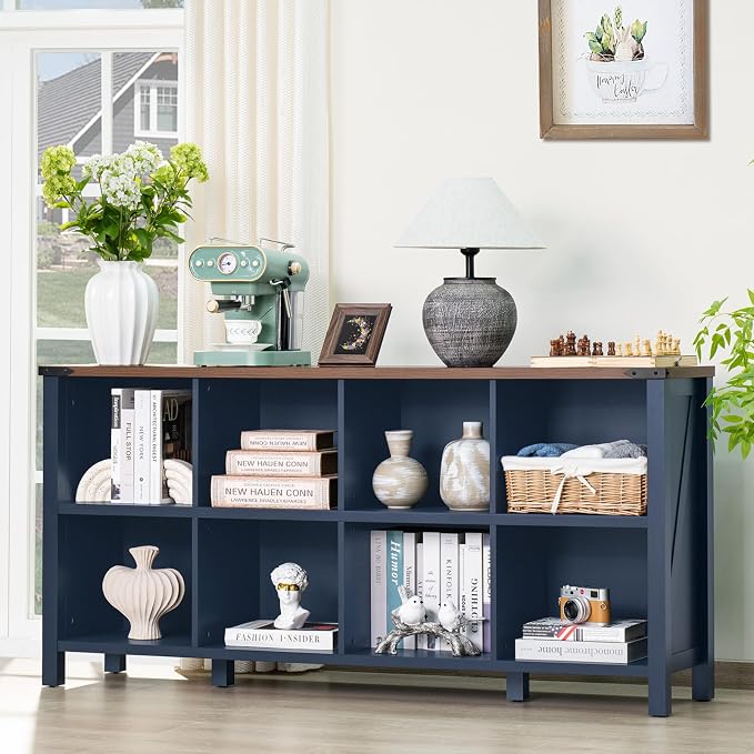 8 Cube Book Shelf, Farmhouse Wood Long Storage Organizer Bookcase, Hallway TV - Image 8
